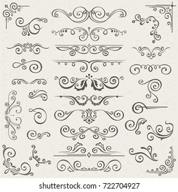  set of Swirl Elements for design.  set of Calligraphic Design Elements for page decoration, Labels, banners, antique and baroque Frames and floral ornaments. Old paper Decoration