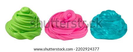 Set swirl slime of different colors on isolated white. Fluffy slime, transparent slime