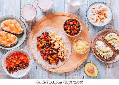 Set Table With High Protein Breakfast Dishes, Top View