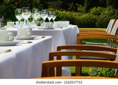 A Set Table Outside In Nature. Hotel Restaurant.