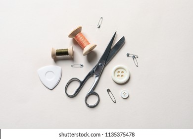 Set Of Tailoring Accessories On Light Background, Top View