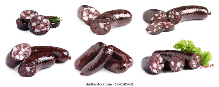 Set with tasty blood sausages on white background. Banner design