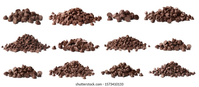 Set of tasty chocolate chips isolated on white - Shutterstock ID 1573410133