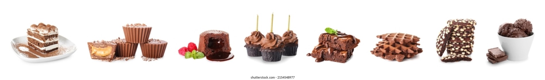 Set of tasty chocolate desserts on white background