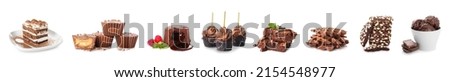 Set of tasty chocolate desserts on white background