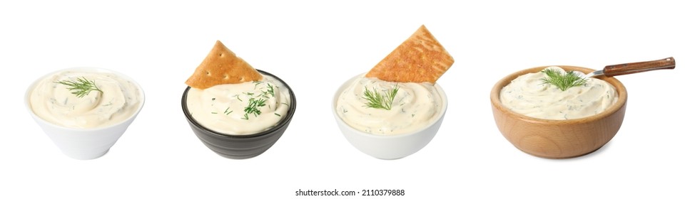 Set With Tasty Creamy Dill Sauce On White Background. Banner Design