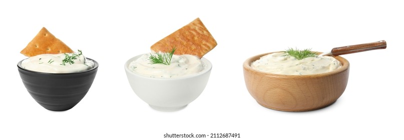 Set With Tasty Creamy Dill Sauce On White Background. Banner Design