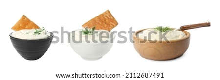 Set with tasty creamy dill sauce on white background. Banner design