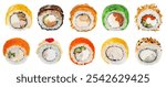 Set of tasty different sushi rolls on white background. Collection of popular types of sushi. Different kinds of sushi rolls. Sushi pieces collection