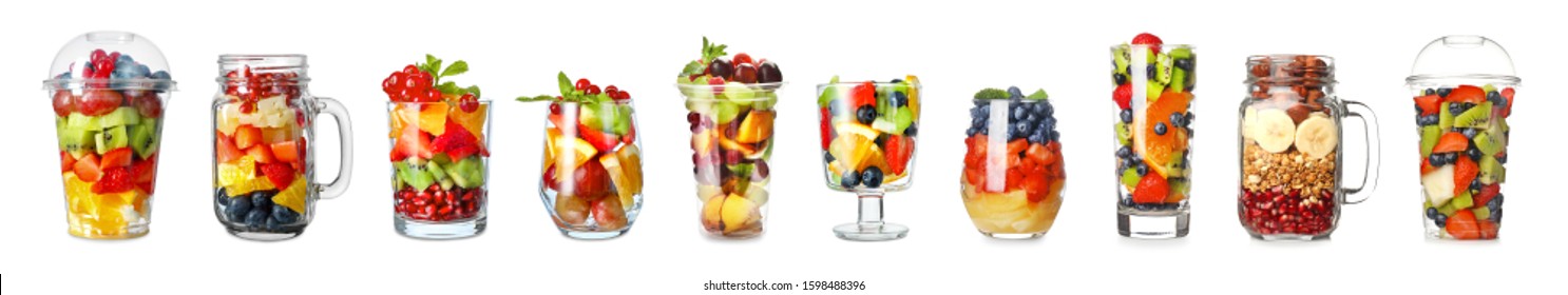 Set Of Tasty Fruit Salads On White Background