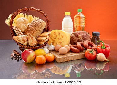 Set of tasty groceries on mirrored table.  - Shutterstock ID 172014812