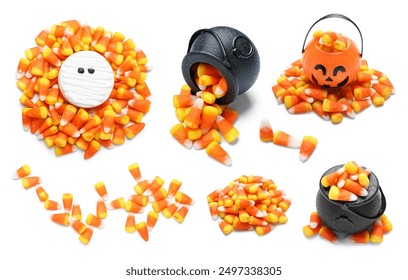 Set of tasty Halloween candy corns and baskets on white background - Powered by Shutterstock