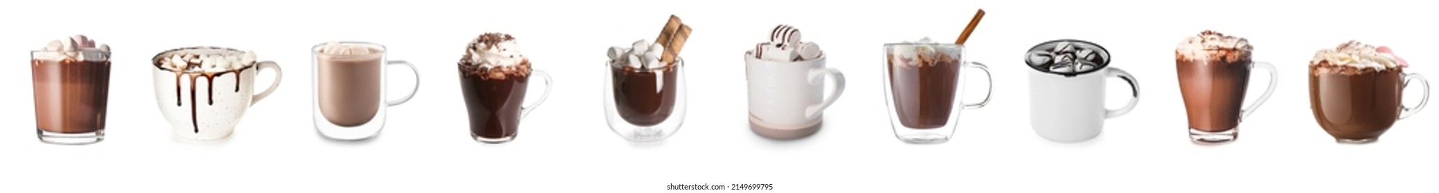 Set of tasty hot chocolate with marshmallows and whipped cream on white background - Powered by Shutterstock