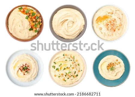 Set with tasty hummus on white background, top view Stok fotoğraf © 