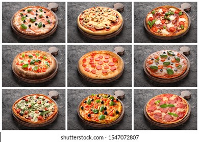Set of tasty Italian pizzas on grey background