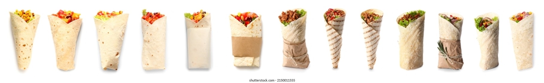 Set of tasty Mexican burritos on white background - Shutterstock ID 2150011555