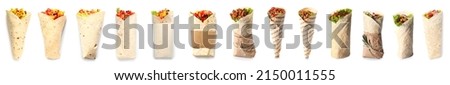 Set of tasty Mexican burritos on white background