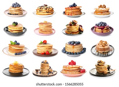 Set With Tasty Pancakes On White Background