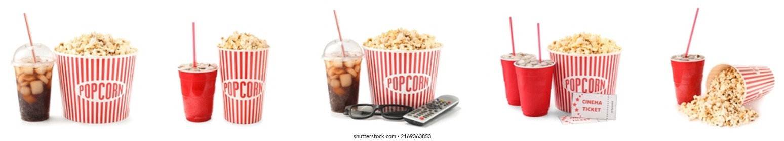 Set of tasty popcorn in buckets and cold cola drinks with cinema tickets, TV remote control and 3D eyeglasses on white background