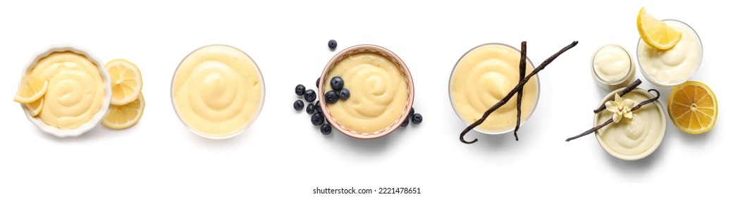 Set of tasty pudding isolated on white, top view