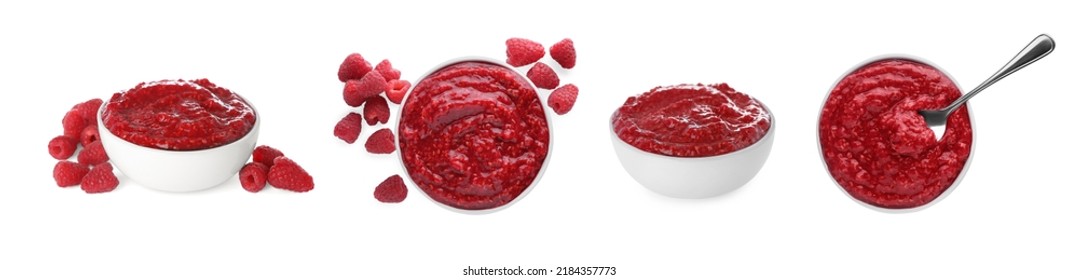 Set with tasty raspberry puree on white background. Banner design