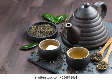 Set For Tea Ceremony On A Wooden Table, Horizontal