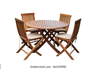 Set of teak wood table and chairs isolated on white background. Saved with clipping path