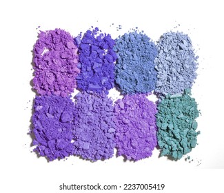 Set teal blue swatches beauty product crushed eyeshadows for makeup white background  close up cosmetic textures  eyeshadow crumbs color gradient  top view eye paints palette  aesthetic pattern