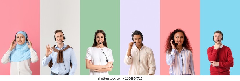 Set of technical support agents on color background