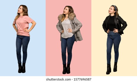 Set of teenager girl posing with arms at hip and laughing - Powered by Shutterstock