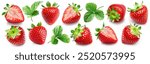 Set of ten juicy gorgeous strawberries: whole and cut in half, and leaves, isolated on white background. Big set of strawberries.