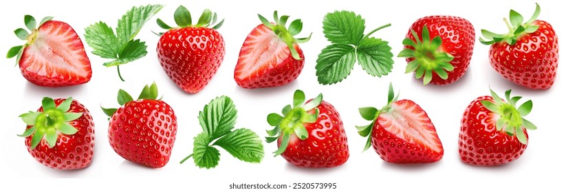 Set of ten juicy gorgeous strawberries: whole and cut in half, and leaves, isolated on white background. Big set of strawberries.