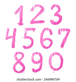 Set of ten number digit characters hand drawn with the oil paint brush strokes isolated over the white background
