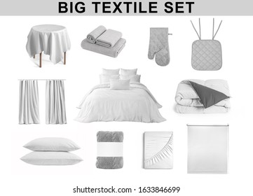 Set of textile items for kitchen, bathroom and bedroom Tablecloth, terry towels, mitten, chair pad, curtains, bed cloth, bed linen, duvet, pillows, plaid, folded bed sheet and roller blind, isolated