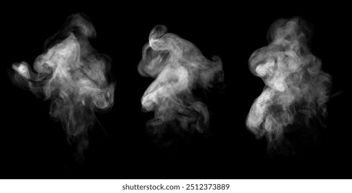 set texture cold mist or hot vapor isolated on a black background. white smoke steam spray, and abstract vapor water. concept of fog effect, and cloud for design air pollution, element smog