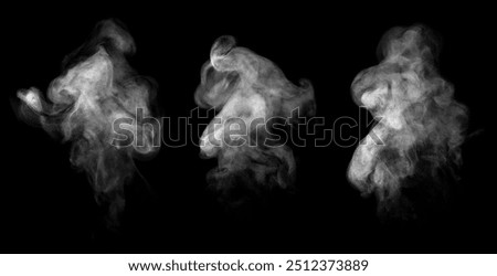 set texture cold mist or hot vapor isolated on a black background. white smoke steam spray, and abstract vapor water. concept of fog effect, and cloud for design air pollution, element smog