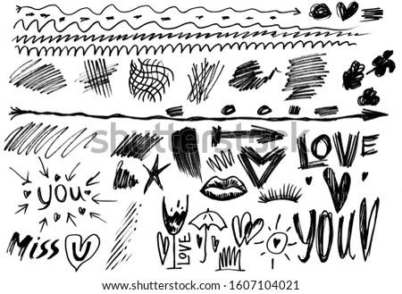 Set of textures on a love theme for St. Valentine's Day. Hand-drawn lines and arrows. Graphic elements for decorating banners, flyers and cards on a white background.