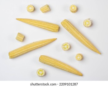 Set Of Tfresh Baby Corn. Isolated On White Background Top View.