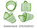 A set of thinly sliced twisted slices of fresh green cucumber on a white background.