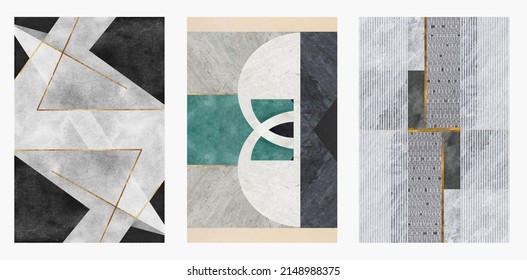 A set of three abstract minimalist backgrounds. Hand drawn illustrations with geometric art patterns for wall decoration, postcards or brochures, cover design, printing, hanging pictures, social media