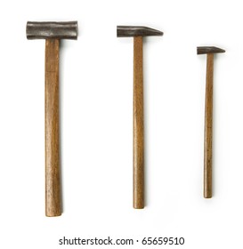 Set Of Three Antique Hammers With Hand Forged Iron Hammer Head And Wooden Handle.