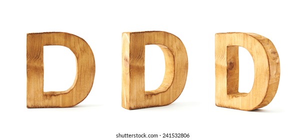 Set of three block wooden capital D letters in different foreshortenings isolated over the white background