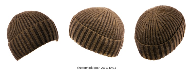 Set of three brown black knitted beanie  isolated on white background .