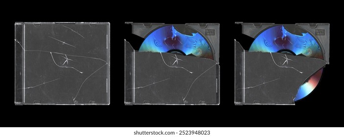 набор из трех треснувших макетов старого музыкального CD с драгоценностями чехол с черной обложкой для фотографий и произведений искусства, на черном фоне, стиль y2k