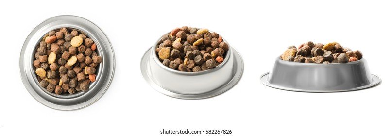 Set Of Three Dishes Dry Pet Food In A Metal Bowl Isolated On White Background. Top, Half And Front View