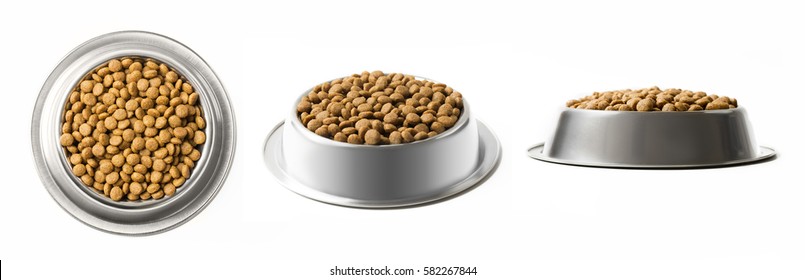 Set of three dishes dry pet food in a metal bowl isolated on white background. Top, half and front view