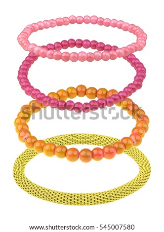 Set of three elastic bracelets made of pearl-like round beads (pink, purple and orange) and one yellow metallic elastic bracelet, isolated on white background, clipping path included