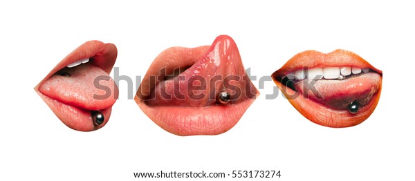 Set Three Female Lips Piercing Tongue Stock Photo Edit Now 553173274