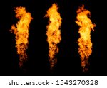 Set of three fire jets isolated on black, flame collection