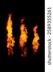 Set of three fire samples isolated on black, flame collection